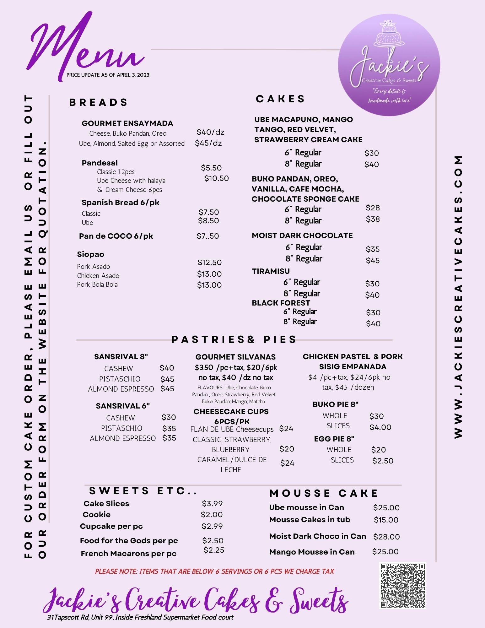 MENU – Jackie's Creative Cakes and Sweets